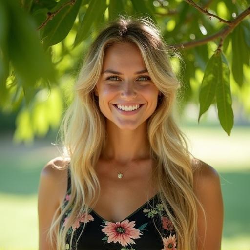Portrait of a smiling woman with long blonde hair in a flower-patterned black dress standing beneath a lush tree. Soft, natural sunlight highlights her features, creating a warm tone. Composition emphasizes her joyful expression against vivid greenery.