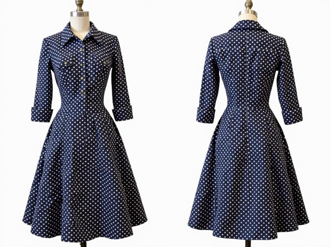 The dress features a classic 1950s style with a structured silhouette. It has a navy blue fabric adorned with white polka dots, creating a playful yet elegant effect. The dress includes a pointed collar and is buttoned down the front, accentuating its vintage charm. Additionally, the dress has three-quarter length sleeves with rolled cuffs and two pockets on the front, adding practicality to its design. The skirt flares out beautifully, making it ideal for twirling. A side view would highlight the cinched waist and the volume of the skirt, while a profile view would provide insight into the dress's overall shape and the collar's design.