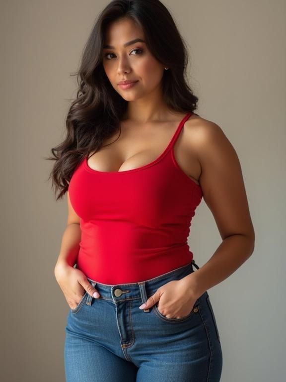 Beauty portrayed by a woman wearing a red tank top and tight jeans. Focus on curves and facial features. Models an hourglass figure that emphasizes femininity.