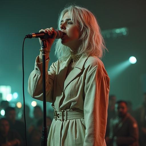 Billie Eilish performing on stage with a microphone. She wears a stylish outfit. Soft fixed lighting accentuates the scene. Audience visible in the background.