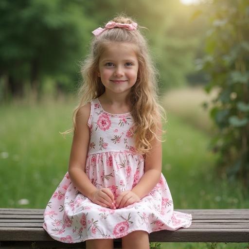 Scandinavian girl sitting on a bench wearing a summer dress