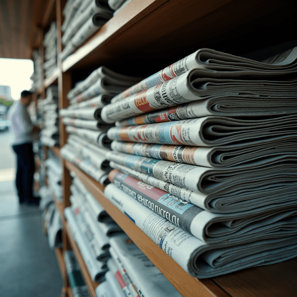 The image shows neatly organized stacks of vintage newspapers on shelves, displaying varied colored prints and visible aged textures.