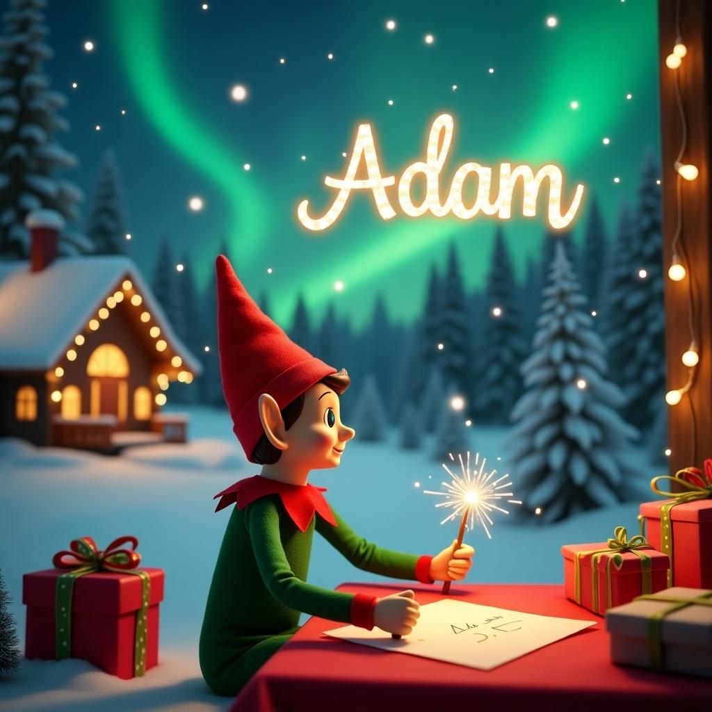 A cheerful Christmas elf is seated at a red table, scribbling a name on a piece of paper. The elf wears a bright green and red outfit, complete with pointed ears and a festive hat. Surrounding this adorable figure are colorful holiday decorations, including wrapped gifts and twinkling lights in the background. The setting is cozy, evoking warmth and festive cheer, embodying the spirit of Christmas. Above him, the name 'Adam' is written in sparkling letters, alongside vibrant northern lights, creating a magical atmosphere of joy and celebration.