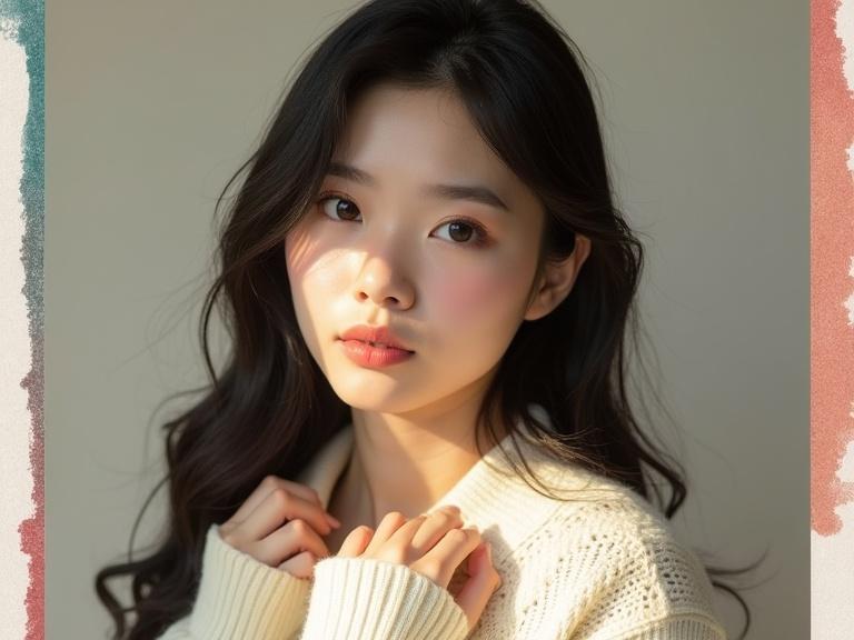 Polaroid style photo of a young woman wearing a sweater. Hands placed on chest. Black hair in loose waves. Large eyes with long lashes. Soft skin with pink blush. Warm lighting highlighting delicate features.
