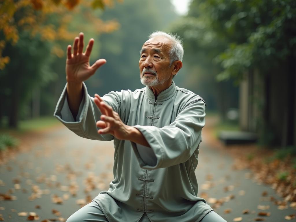 A cinematic image captured from an aerial point of view, showcasing an elderly practitioner engaged in Tai Chi Chuan. The wide frame reveals a tranquil setting, highlighting the fluidity and grace of the movements. The practitioner's balance and flexibility are a focus, illustrating the health benefits gained from regular practice. The scene evokes tranquility and focus, rendered with a high level of detail, akin to being shot on a professional camera. The atmosphere promotes well-being and mindfulness through the art of Tai Chi, inviting viewers to appreciate the peacefulness of the practice.