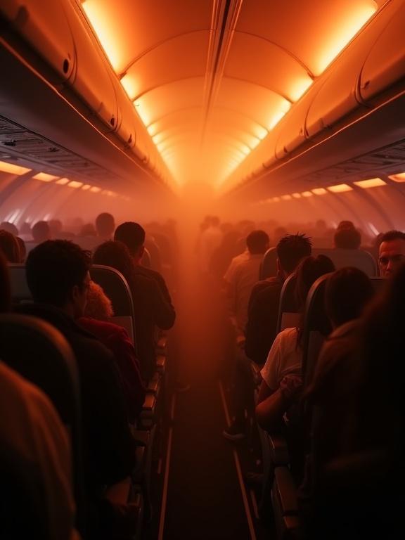 Interior of an airplane cabin filled with smoke. Orange emergency lighting casts an eerie glow. Passengers exhibit signs of panic. View is down the aisle towards the front of the cabin. Chaotic atmosphere with dramatic tension.