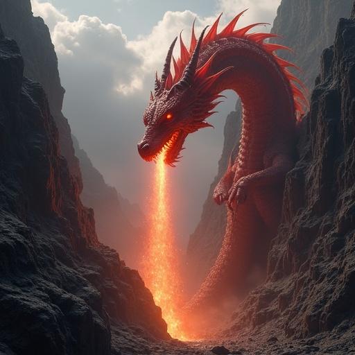 Ultra realistic high detail depiction of an ancient red dragon breathing flames into a narrow canyon surrounded by jagged mountains under a stormy sky.