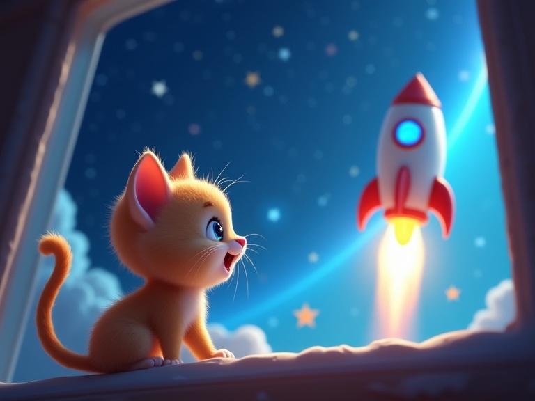 Cartoon-style rocket takes off into starry sky with glowing blue flames. Cute baby cat looks out the window excitedly. Bright and dreamy atmosphere with a 3D animated style.