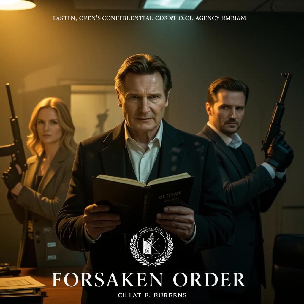 Forsaken Order movie poster depicting a suspenseful scene. Central character reads confidential dossier. Two characters in the background hold weapons. Shadowy intelligence chamber setting. Dim warm lighting highlighting secrecy. Rich textures portray an espionage theme.