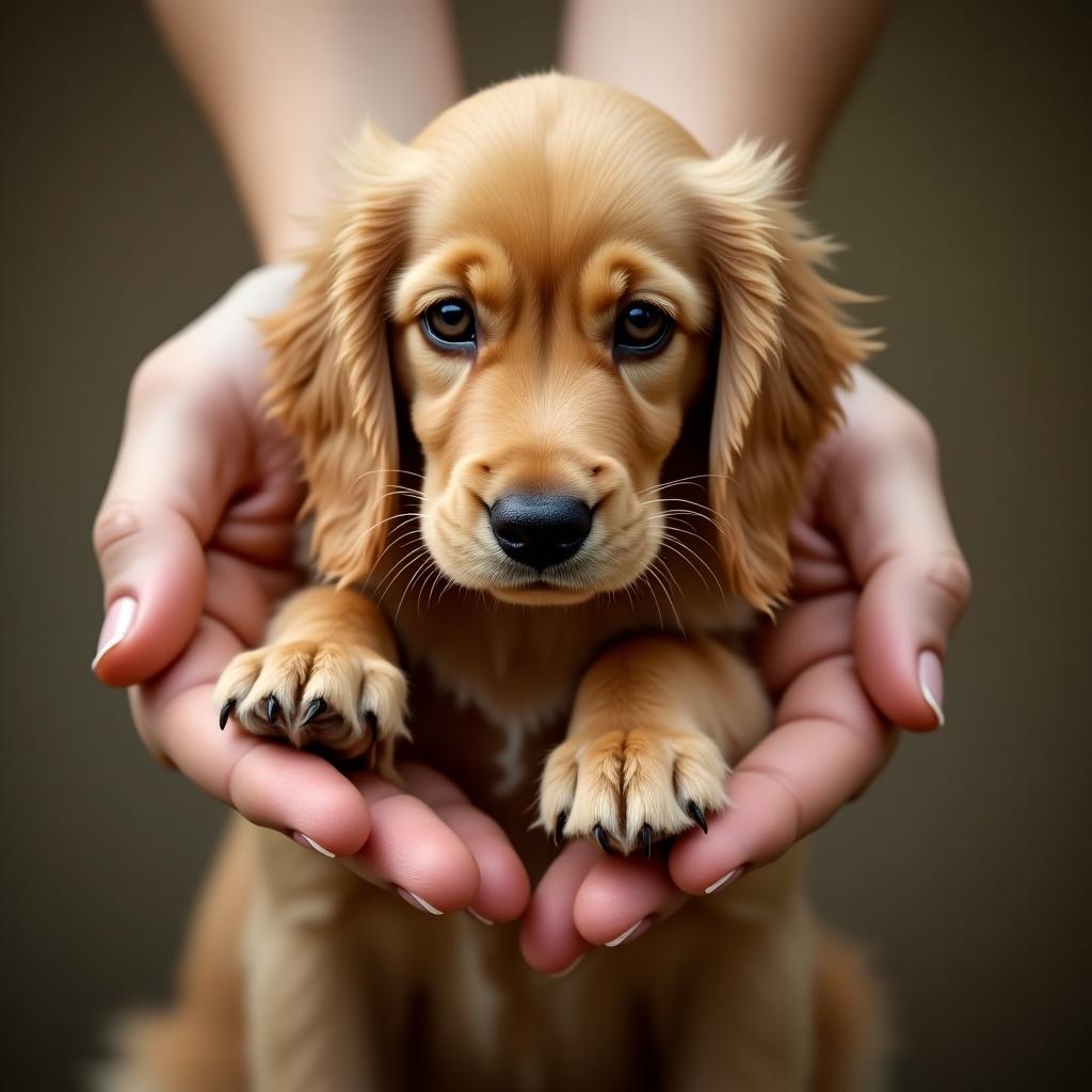 Image of light brown cocker spaniel with long nose and droopy eyes held in gentle hands. Evokes feelings of love and care. Soft lighting enhances warmth.