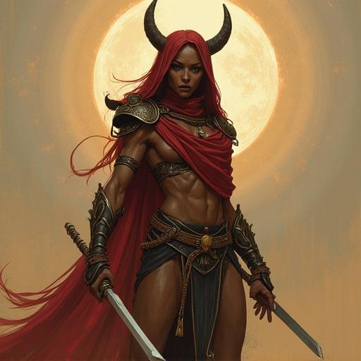 Art depicts a powerful warrior standing tall. The figure has ornate armor and is equipped with two swords. A large golden moon serves as the background source of light. The armor features intricate designs that signify strength and nobility. The warrior's presence is commanding. A flowing red cape adds intensity to the visual. Colors include shades of brown and gold. The overall atmosphere conveys epic fantasy.