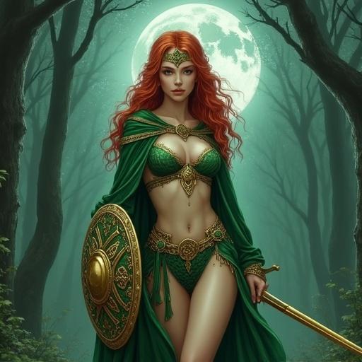 Majestic female cleric of Corellon in green Celtic-inspired armor. Holding an elvish sword and a decorated kite shield. Standing in a misty moonlit forest. Flowing red hair, gold accents. Ethereal and vibrant colors.