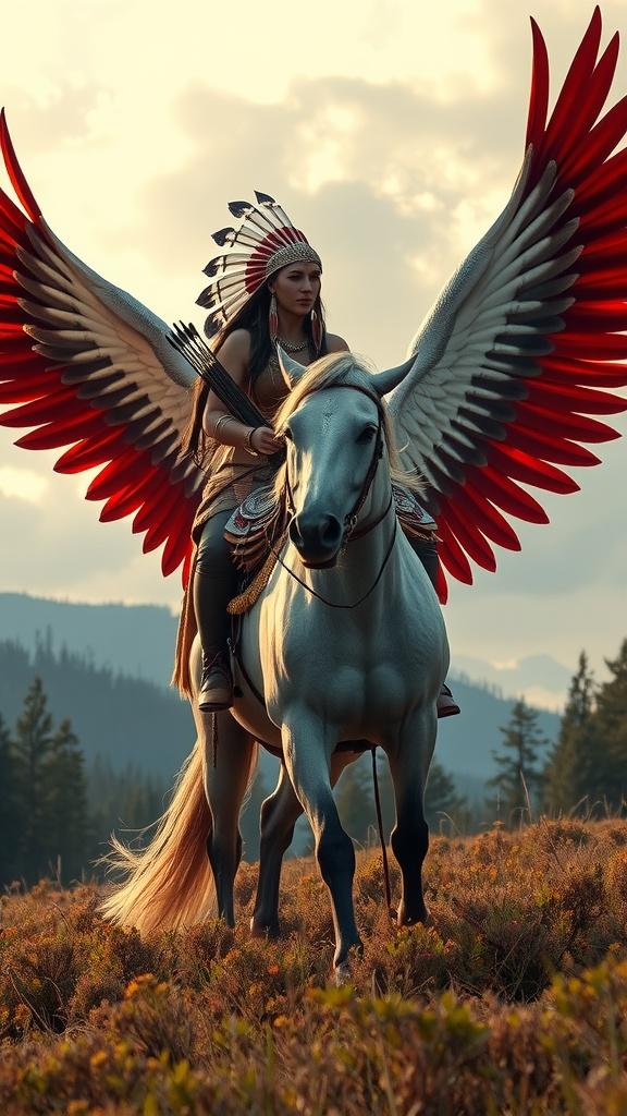 The image showcases a majestic scene where a powerful figure wearing a headdress and traditional attire rides a symbolic horse with large, vibrant wings. The setting sun casts a warm glow over the scene, entwining natural beauty with mythical elements as the landscape fades into mountainous silhouettes in the background.