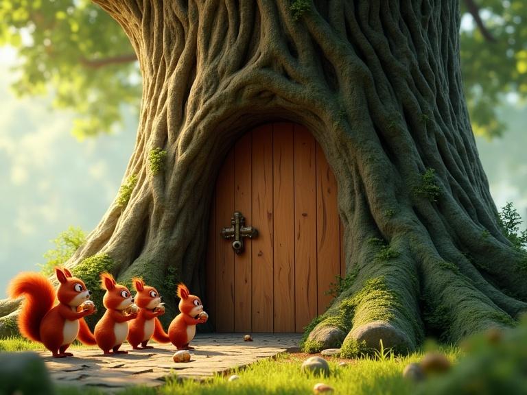A giant tree with a wooden door at its base. Red squirrels are holding acorns and lining up in front of the door. The background features soft green foliage. Hyperrealistic Disney style.