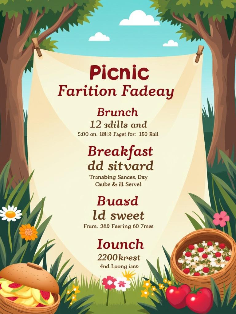 Colorful picnic itinerary displayed on a banner among trees. Includes sections for brunch, breakfast, and lunch with drink options. Also lists extracurricular activities and prizes. Decorated with flowers and picnic basket.