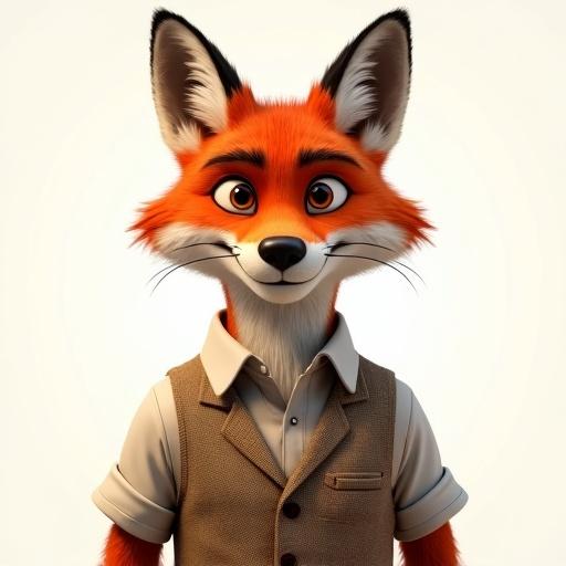 Charismatic anthropomorphic fox character avatar with clever expression and charming smirk. Stylishly dressed in tweed vest over collared shirt. Blend of storybook illustration and modern 3D design. Centered portrait on off-white background.