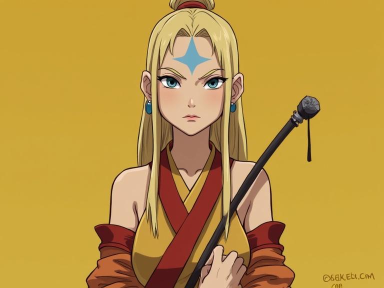 Female character inspired by Shaolin warriors in anime style with yellow background. She holds a staff and has distinctive blue markings on her forehead.