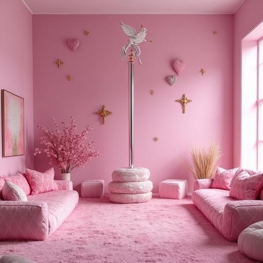 A polished chrome pole stands incongruously in a pink room. The room is filled with fluffy cushions and unicorn trinkets. The walls are decorated with hearts and glimmers of gold.