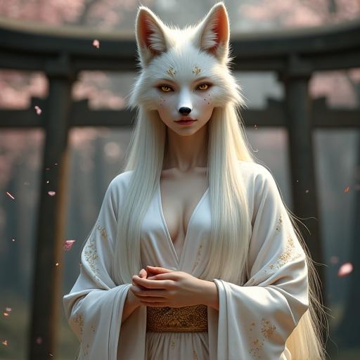 A fox goddess stands before a torii gate. She exhibits human anatomy and fox-like features. Calm expression with golden eyes and markings. Long white hair and snowy fox ears. One hand extends towards the viewer. Other hand rests on her chest. Wears a fitted ceremonial kimono with embroidered patterns. Cherry blossoms and spirit flames surround her. The scene has natural lighting and is hyper-realistic.
