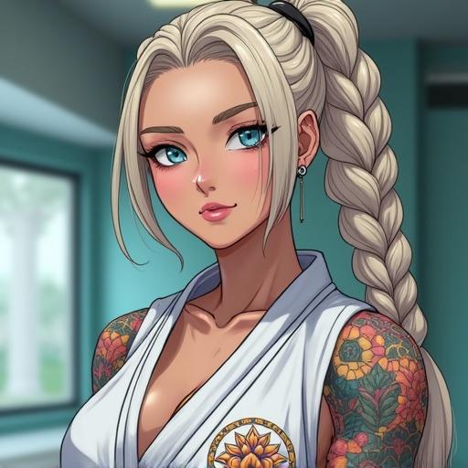 Anime character with striking features practicing taekwondo. Character has oversized blonde braided ponytail. Futuristic setting in a luxurious dojo in Miami. Character has beautiful traditional tattoos and athletic build. Strong facial expression focused on training. Wearing modern taekwondo gi and accessories. Noon lighting for vibrant atmosphere.