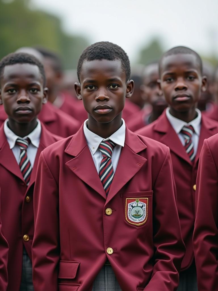 African students stand in uniform lined up during an event. They wear burgundy jackets and striped ties. The setting is an outdoor gathering. Focus on the students while showcasing their uniforms and school badges.