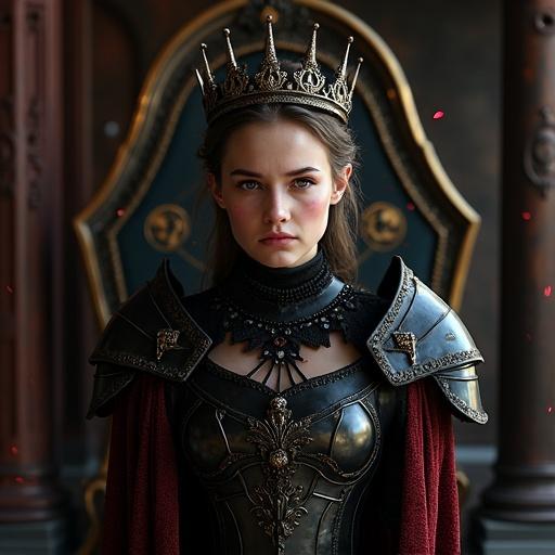 A young woman wears black and crimson gothic armor. She stands in a throne room adorned with magical glyphs. Her face is gentle with a faint blush and shy smile. Timid eyes glance upward. She gestures toward an ornate chair. Magical particles float around. Lighting emphasizes texture and depth. The composition is cinematic and ultra-detailed.