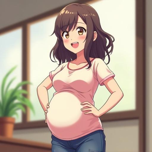 Anime character depicted as a pregnant female with a cheerful expression in light indoor setting wearing casual clothing.