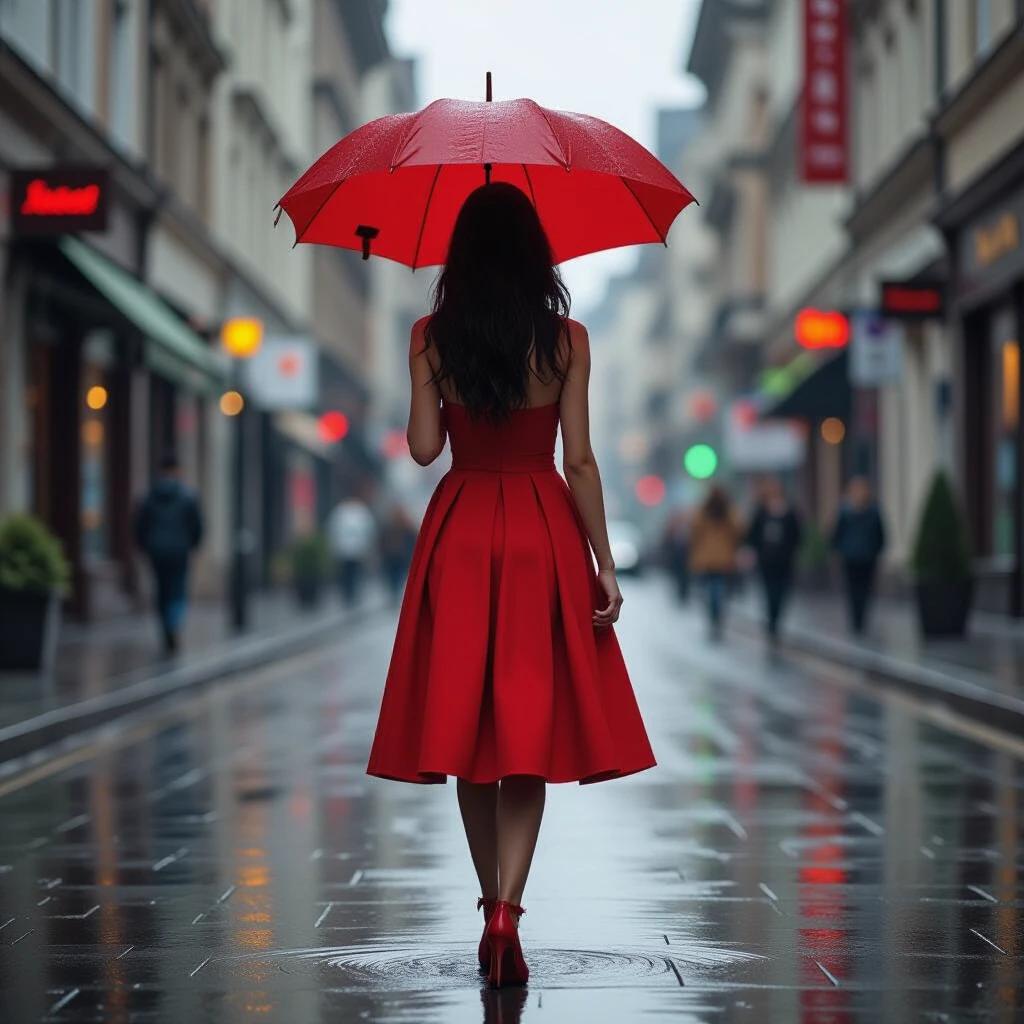Ultra realistic photography style A woman with red hair holds a red umbrella She wears a short red dress City street in the rain Captured in vibrant urban colors