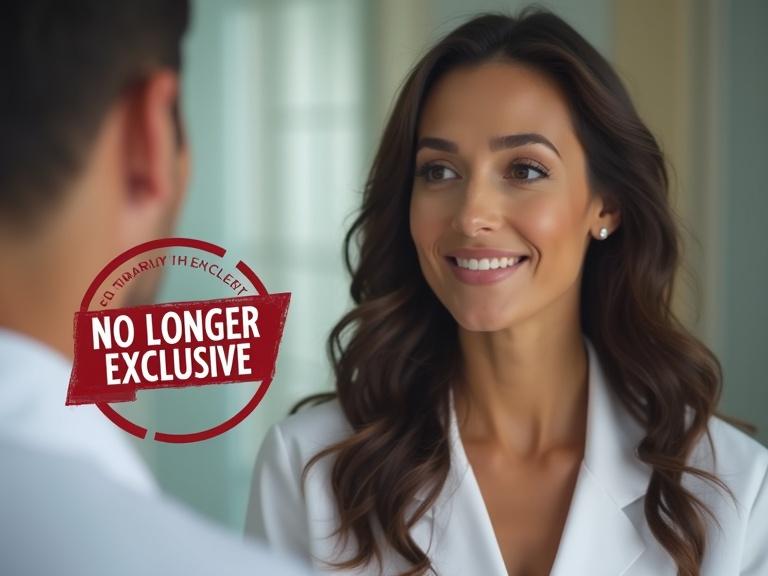 The image features a woman discussing cosmetic enhancement with a doctor. The woman appears pleasantly surprised and confident. The background shows a modern clinic, subtly blurred. There is a stylized graphic overlay indicating 'NO LONGER EXCLUSIVE.' The colors are clean and vibrant, enhancing the professional look.