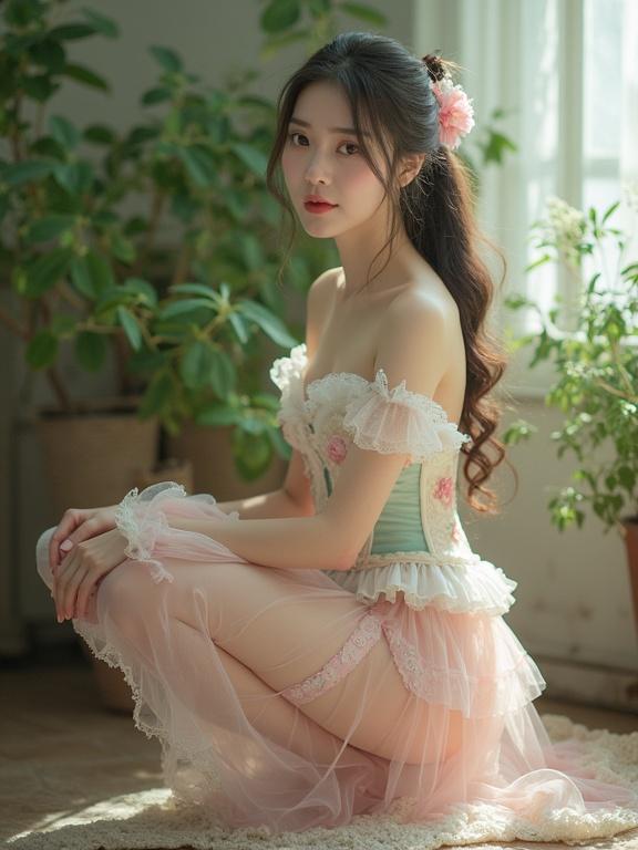 Full body shot of a lady. Adorned in pastel-colored frilly outfit. Squatting position in a well-lit room. Corset top with lace and frills. Shades of pink, cream, and mint green. Sweetheart neckline and off-the-shoulder design. Vintage fairytale feel. Hair tied. Beautiful legs visible. Serene expression. Pale pink stockings and rose embroidered garters. Soft, natural indoor light. Greenery and plants in the background.