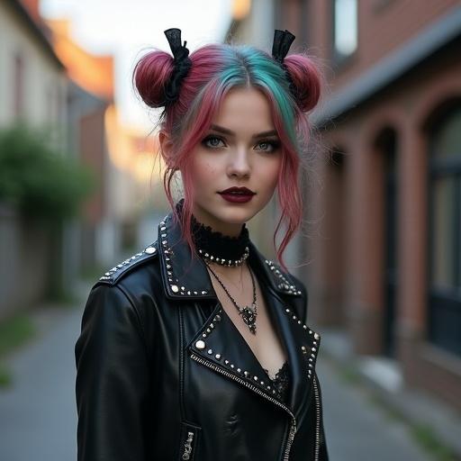 Hyper-realistic cute eastern european goth punk woman with a warm cool smile. She is in an alleyway, wearing a leather studded biker jacket and a lace short dress. Hair in two loose buns with black ribbons. Light golden hazel eyes, dark eyeliner, no other makeup. She has stylish punk goth rings.