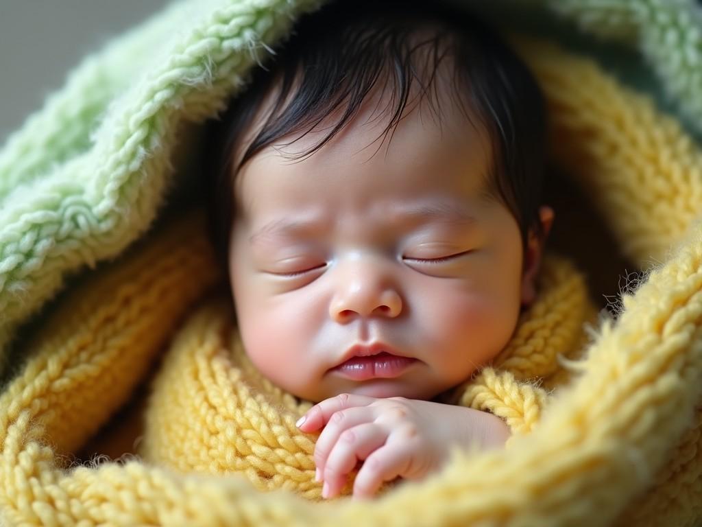 A peaceful sleeping newborn baby wrapped in soft yellow and green blankets, close-up with soft lighting.