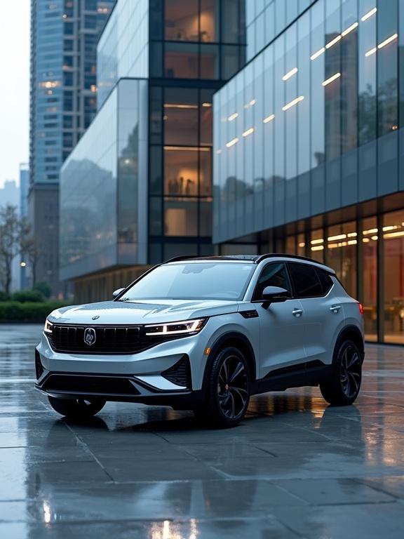A modern SUV with angular design and metallic silver finish is parked in an urban environment. The backdrop features a glass building. Soft twilight lighting adds drama. The ground reflects the vehicle's bold lines. The photograph emphasizes sharp details and a clean composition, conveying luxury and adventure.