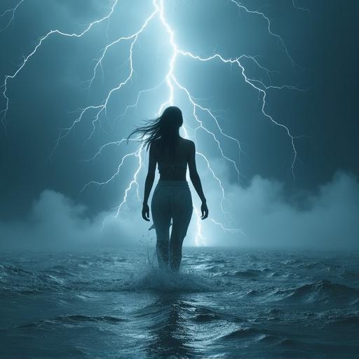 Woman walks on water during a strong storm with lightning and thunder surrounding her