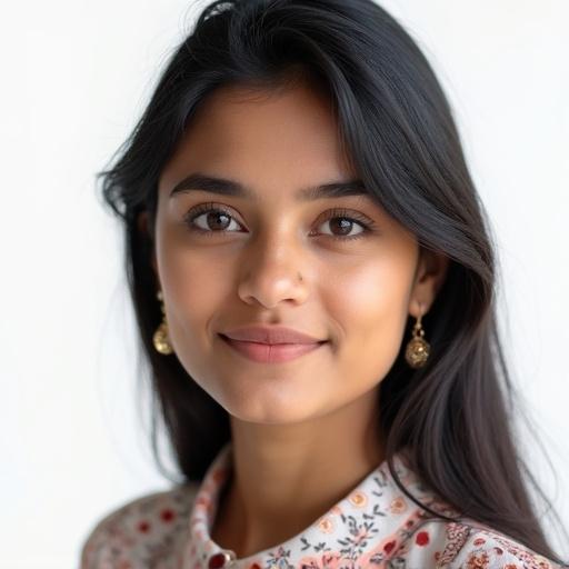 Photo realistic portrait of an 18 year old North Indian girl. Close-up view showcasing her face and bustline against a white background. Minimal light makeup and tiny gold earrings. Dressed in a flowered top with a collar. Appears professional, suitable for the software industry.