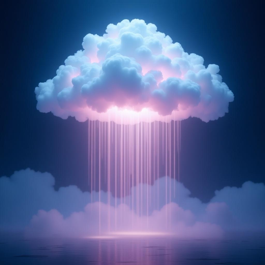 Luminous cloud hovers above ground emitting glowing light resembling rain. Fluffy white with dark blue atmosphere. Colors blend from blue to pink and purple. Light rays create surreal scene. Overall mood is dreamy and captivating.