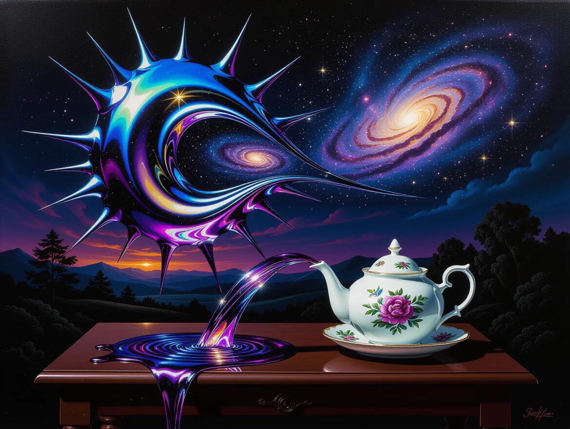 A surreal still life scene in a dark fantasy landscape. An elegant porcelain teapot sits on a wooden table. From the teapot spout flows a cosmic liquid. The liquid contains tiny stars, nebulas, and galaxies. The liquid is iridescent and vibrant. The teapot and table are illuminated by the flowing stream. The atmosphere feels magical and infinite.