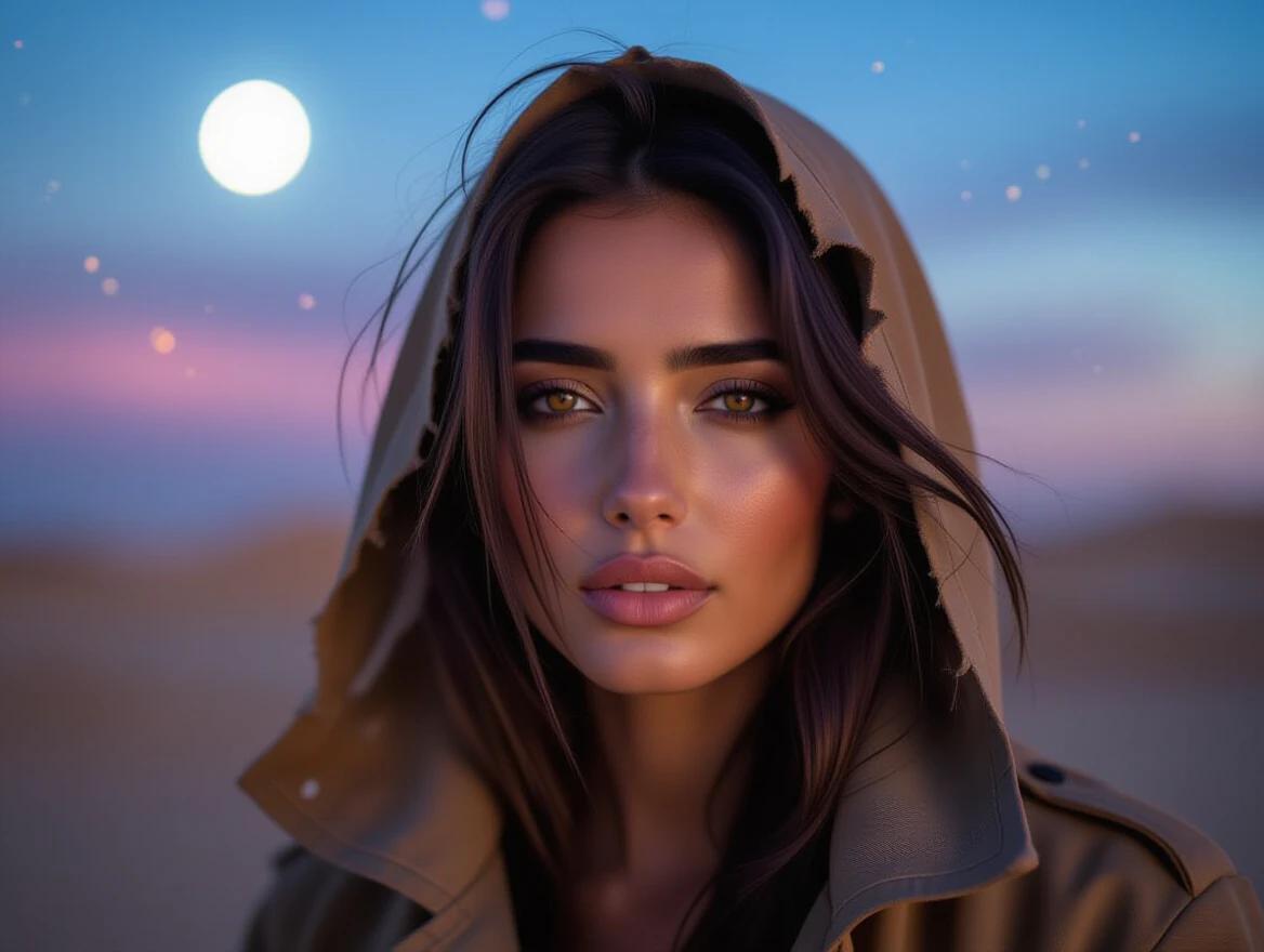 Close-up portrait of a stunning Arabic woman under twilight moonlight. She has a proud expression and is framed by a tattered trench coat collar. The sky is a blend of neon blue and violet with drifting particles. Strands of hair are caught in a warm desert breeze. The background features silhouettes of dunes and remnants of technology.