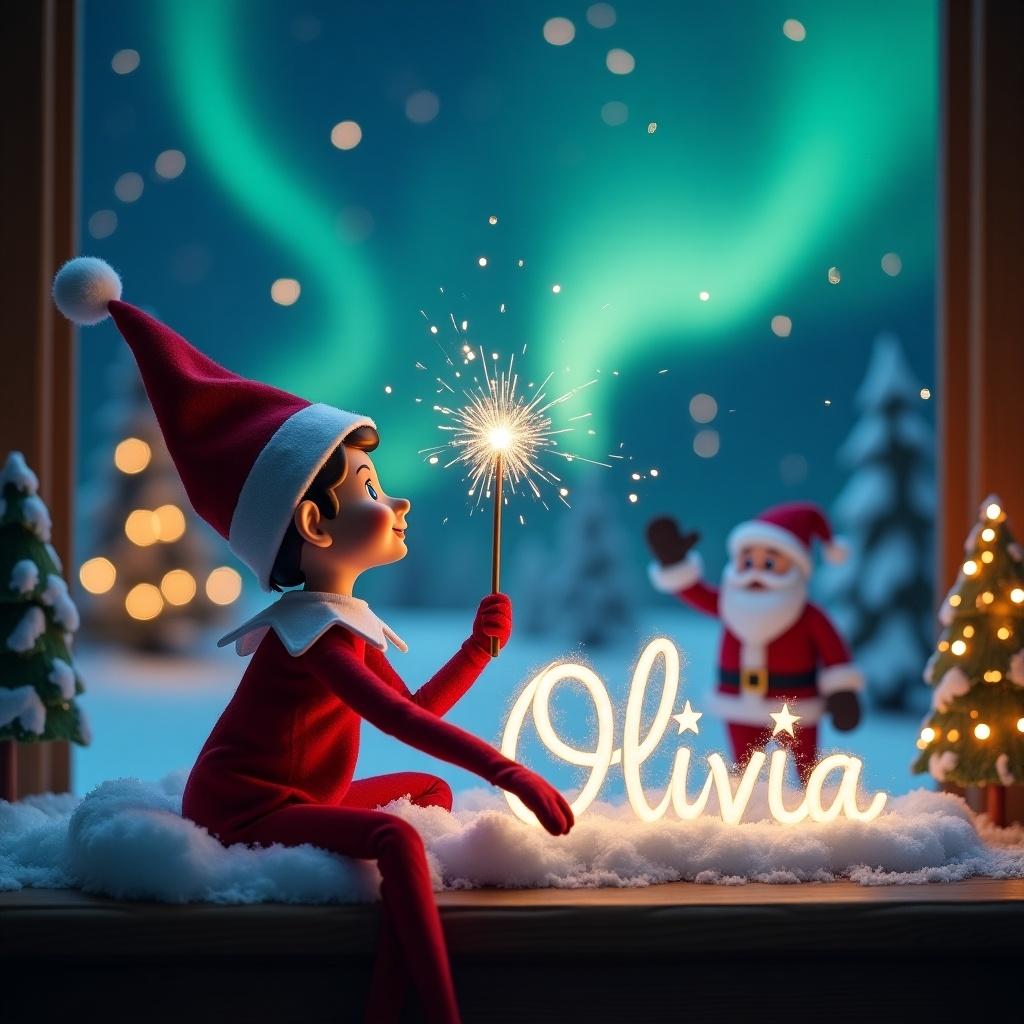 This image features an adorable elf on the shelf, seated with its back to the viewer, looking up at the enchanting night sky. The elf is using a magical wand to elegantly write the name 'Olivia' in the snow. Sparkles fill the air around the magical writing, creating an atmosphere of wonder. In the background, there is a whimsical Christmas scene adorned with northern lights and a cheerful Santa waving. The mood is festive and magical, perfect for the holiday season, inviting viewers into a world of Christmas joy.