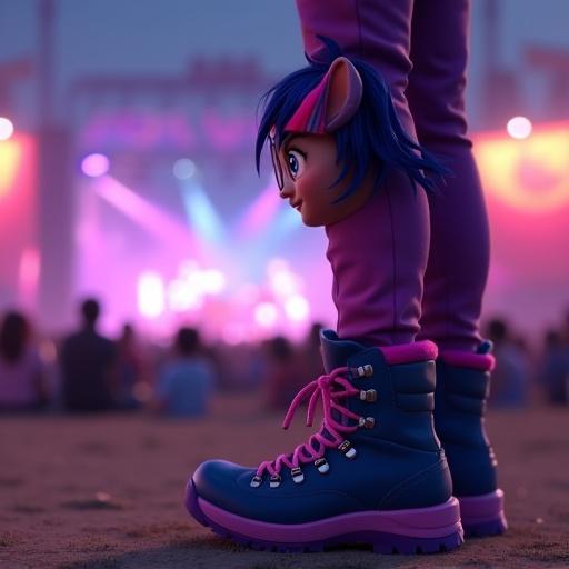 Close-up shot of Twilight Sparkle's boots. She is at a music festival. Twilight has glasses, navy-blue hair with pink and purple stripes. Wearing a pink tracksuit top, purple pants, and navy-blue hiking boots with pink laces and purple soles.