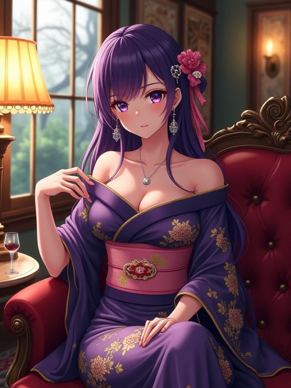 Anime woman in a luxurious retro lounge. She sits on an elegant vintage leather sofa. Striking violet hair and piercing violet eyes enhance her charm. Long silver earrings add elegance. Traditional shiny violet off-shoulder kimono features intricate gold patterns. She wears a stylish shiny pink obi with gold flowers. Delicate hair accessories include silver kannzasi. Relaxed posture with crossed legs; one arm on sofa and the other on a table with a wine glass. Warm lighting illuminates the cozy setting. Antique decor includes a vintage lamp and patterned rugs. A window shows serene trees outside. Her expression is composed and enigmatic, embodying grace and confidence.