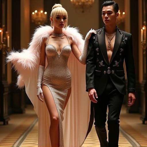 Couple wearing high-fashion burlesque costumes. Female in crystal-embellished fitted gown with deep neckline and feather boa. Male in tuxedo-style pants and fitted blazer. Luxurious ambiance with elegant lighting. Evokes elegance and sensuality.