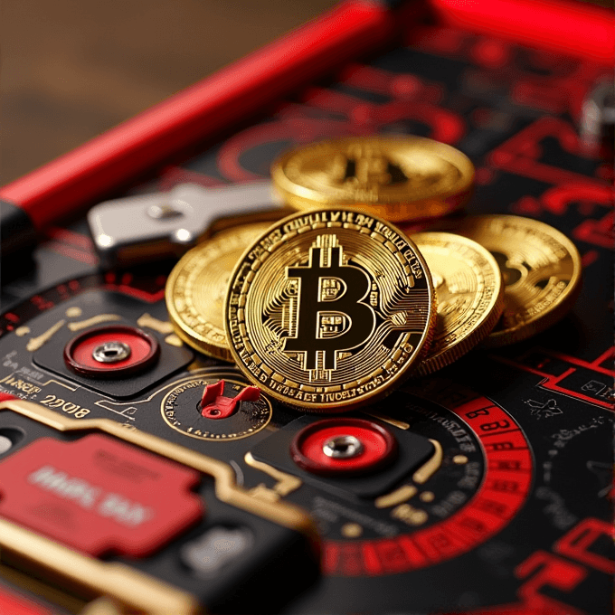 Several shiny gold coins with Bitcoin symbols lie on a red textured surface.