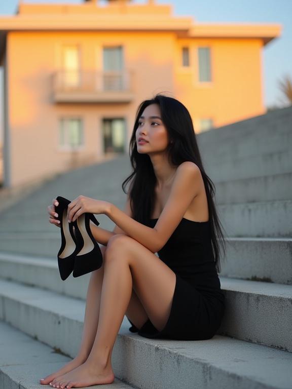 Photograph of a young woman sitting barefoot on concrete stairs. She holds a pair of black high heels in one hand. She wears a sleek black dress. Her long black hair flows over her shoulders. She looks away thoughtfully. The background features buildings glowing in warm light.