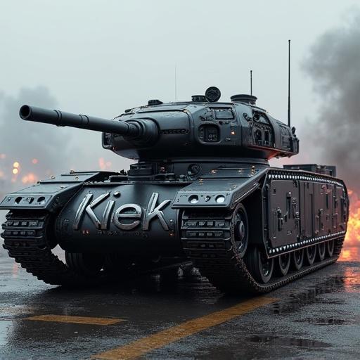 Futuristic modern tank design with intricate mechanical details. Tank treads from car timing belts. 'Kiek' engraved on the tank body in metallic font. Features angular armor plates and LED lights. Matte black finish with subtle chrome. Surrounded by battlefield with smoke and sparks.