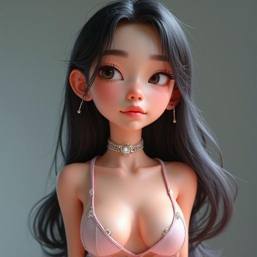 3D model of a stylish character with black hair facing forward wearing a pink outfit