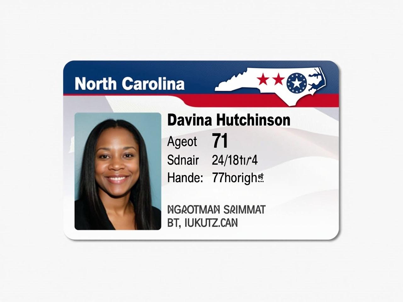 This image features a North Carolina ID card. The card displays the name Davina Hutchinson along with her age of 71. A visual representation of North Carolina is included in the background. The design honors typical government format with official styling. The colors blue, white, and red are prominent, giving a patriotic feel. There is a clear photo of the individual, making it suitable for identification purposes. The layout is professional, intended for identity verification. It serves as an example of state-issued identification.