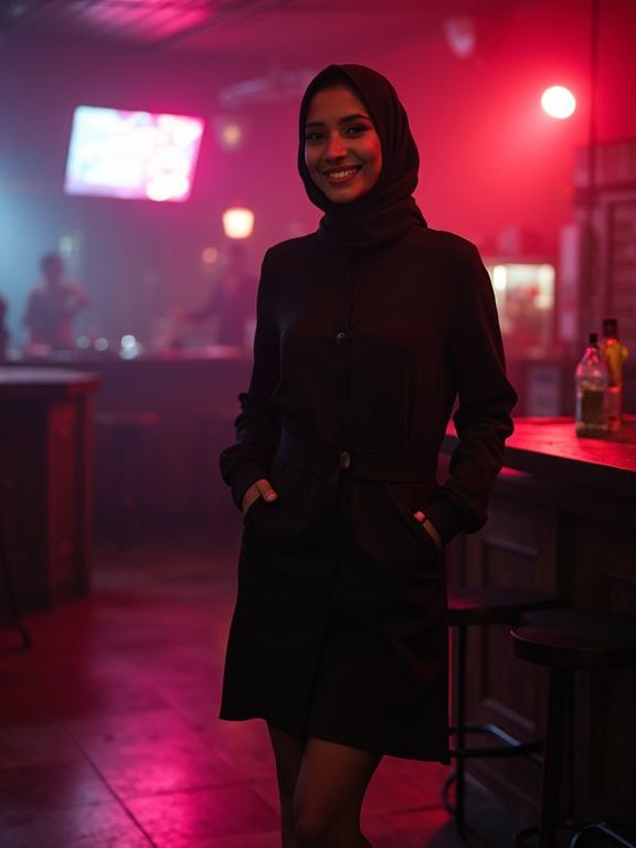 A young woman wearing a hijab poses solo in a nightclub. She has a confident smile and wears a minidress with high heels. The scene is dim with colorful lights and the nightclub is empty.