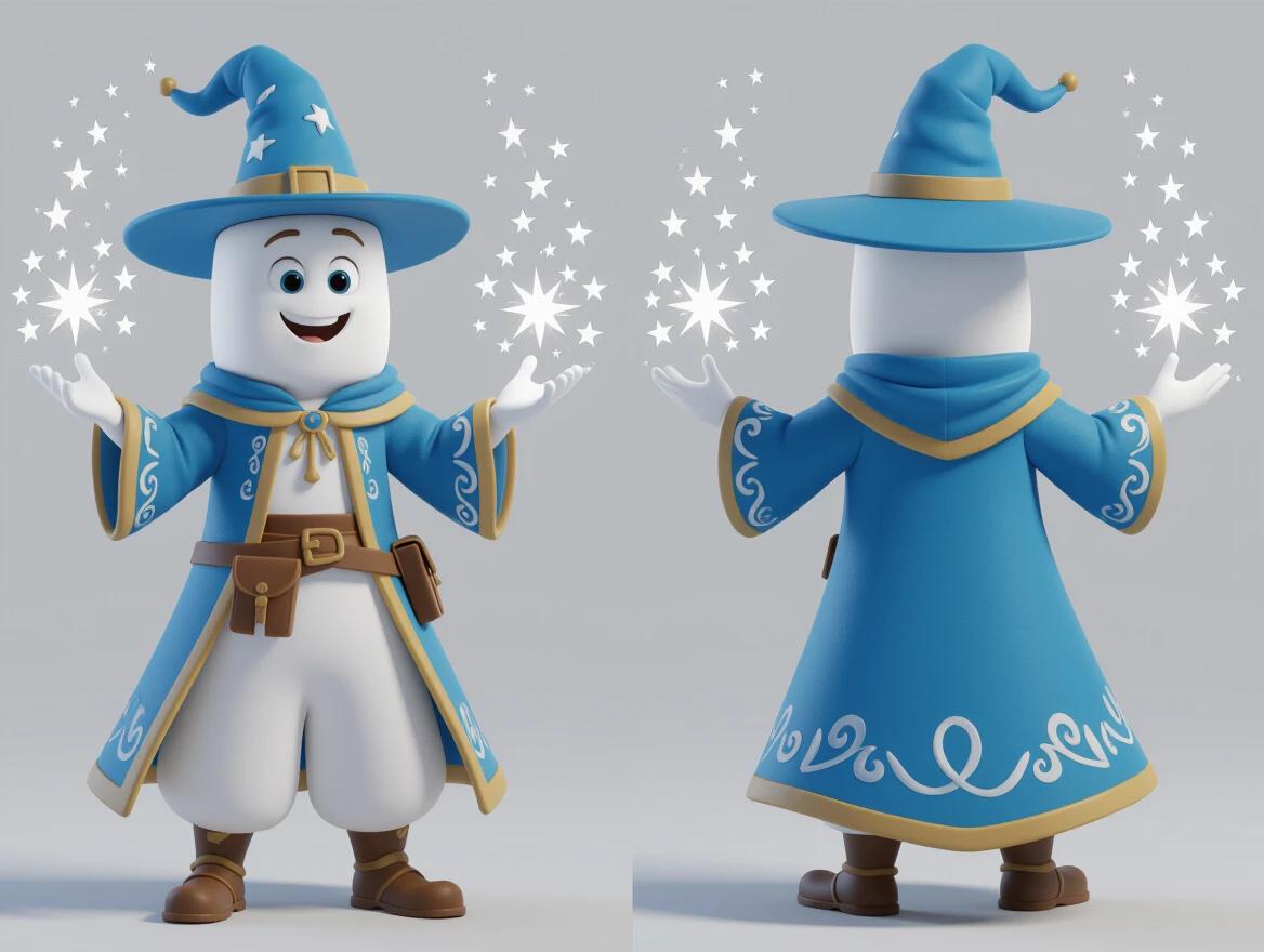 Anthropomorphic marshmallow mage casting sugar spark magic. Full-body character reference sheet showing front side and back views. Features clean white background and Pixar-style 3D design with neutral lighting