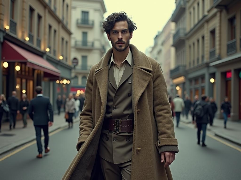 Man with long hair wearing a gray coat and burgundy turtleneck stands on a street with people walking in background.